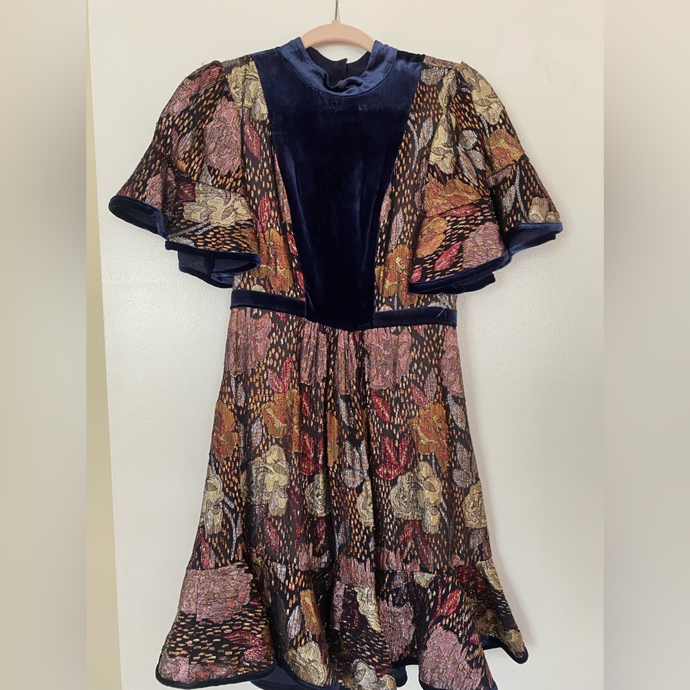 REBECCA TAYLOR Velvet Rose Navy High Neck Dress SIZE 00